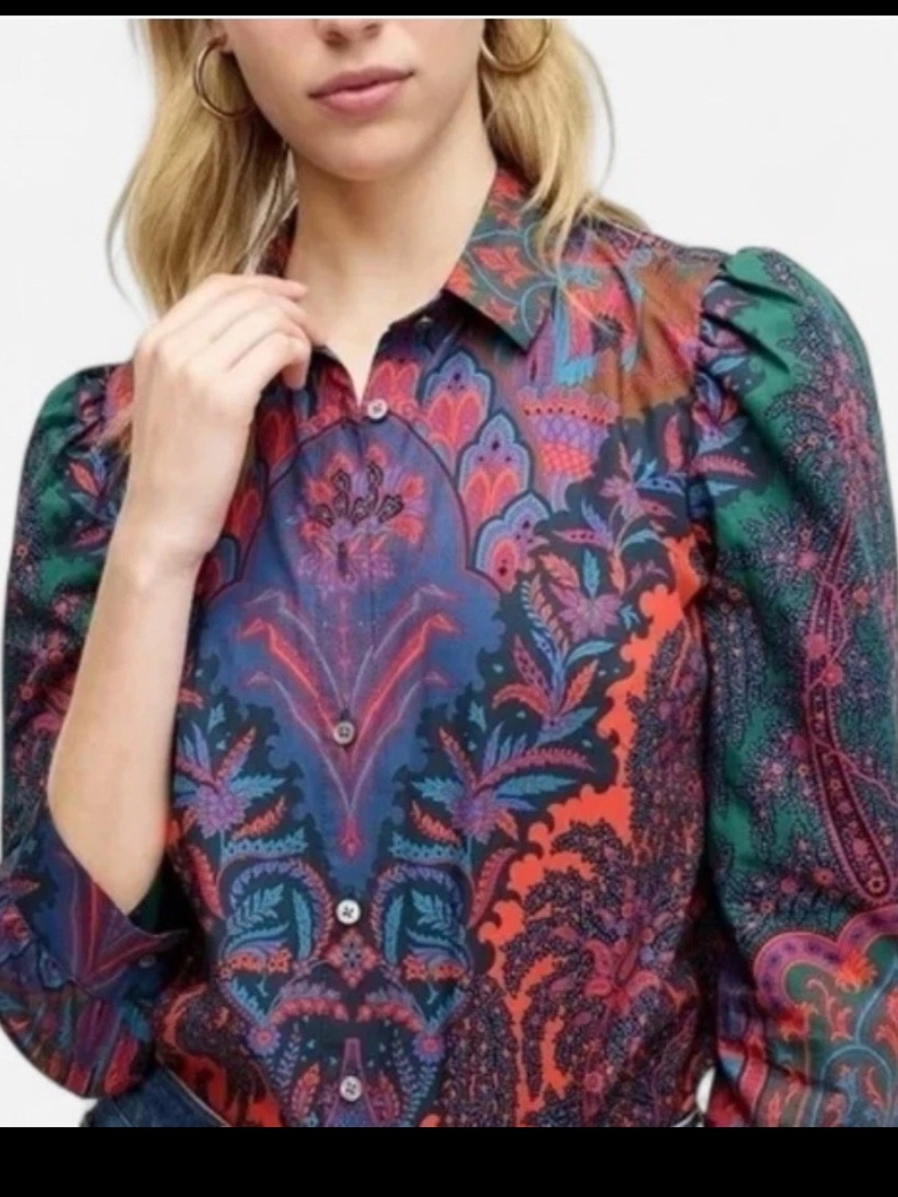 J. Crew Ratti Paisley Top Women’s Size 6 Poplin Puff Shoulder Shirt Blouse V - Picture 8 of 8